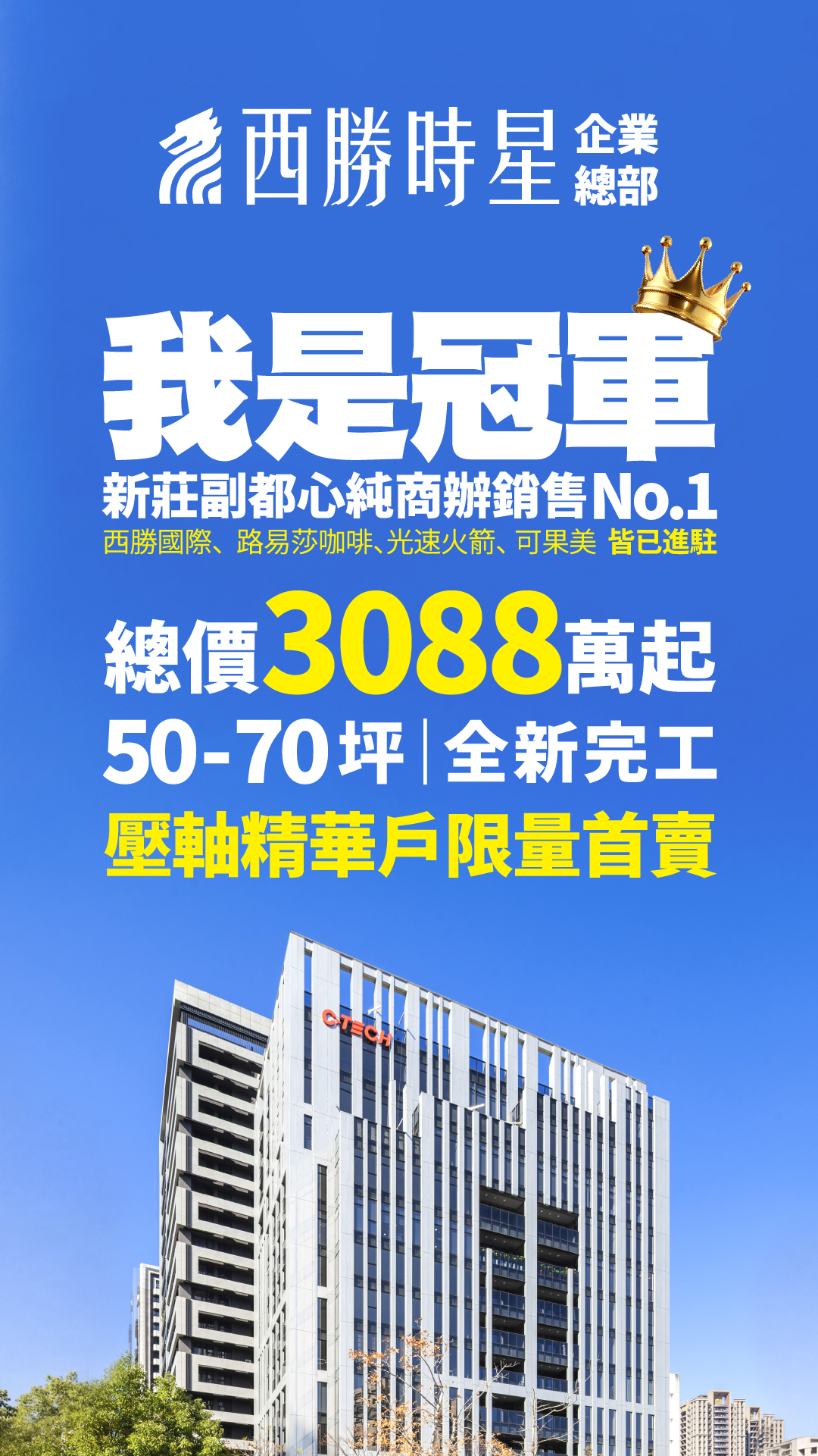 西勝時星 企業總部我是冠軍銷售亮點與進駐品牌新莊副都心純商辦銷售 No.1西勝國際、路易莎咖啡、光速火箭、可果美 皆已進駐售價與坪數資訊總價 3088 萬起50-70坪 | 全新完工壓軸精華戶限量首賣