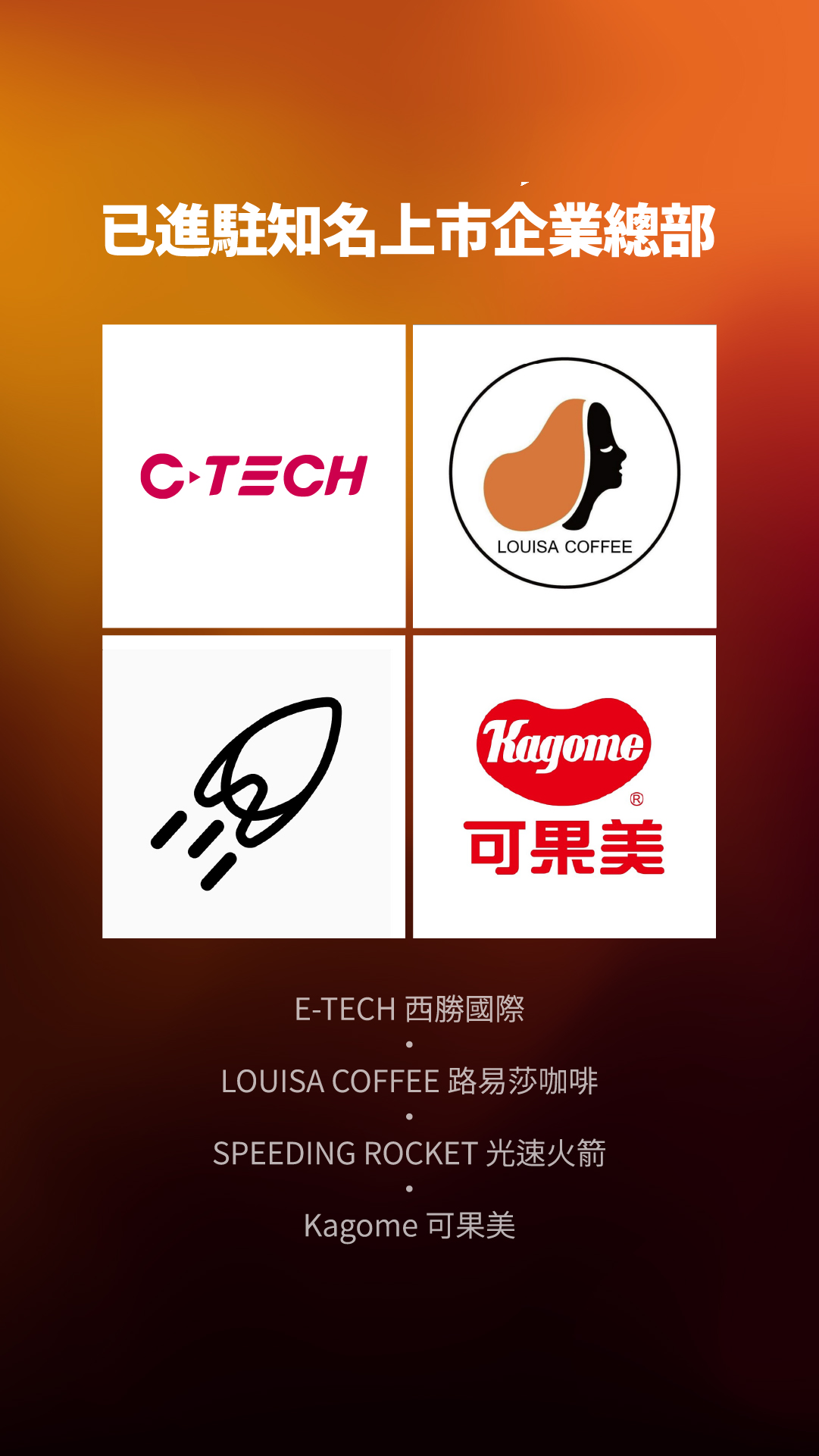 已進駐知名上市企業總部C-TECHLOUISA COFFEEKagome® 可果美E-TECH 西勝國際LOUISA COFFEE 路易莎咖啡SPEEDING ROCKET 光速火箭Kagome 可果美